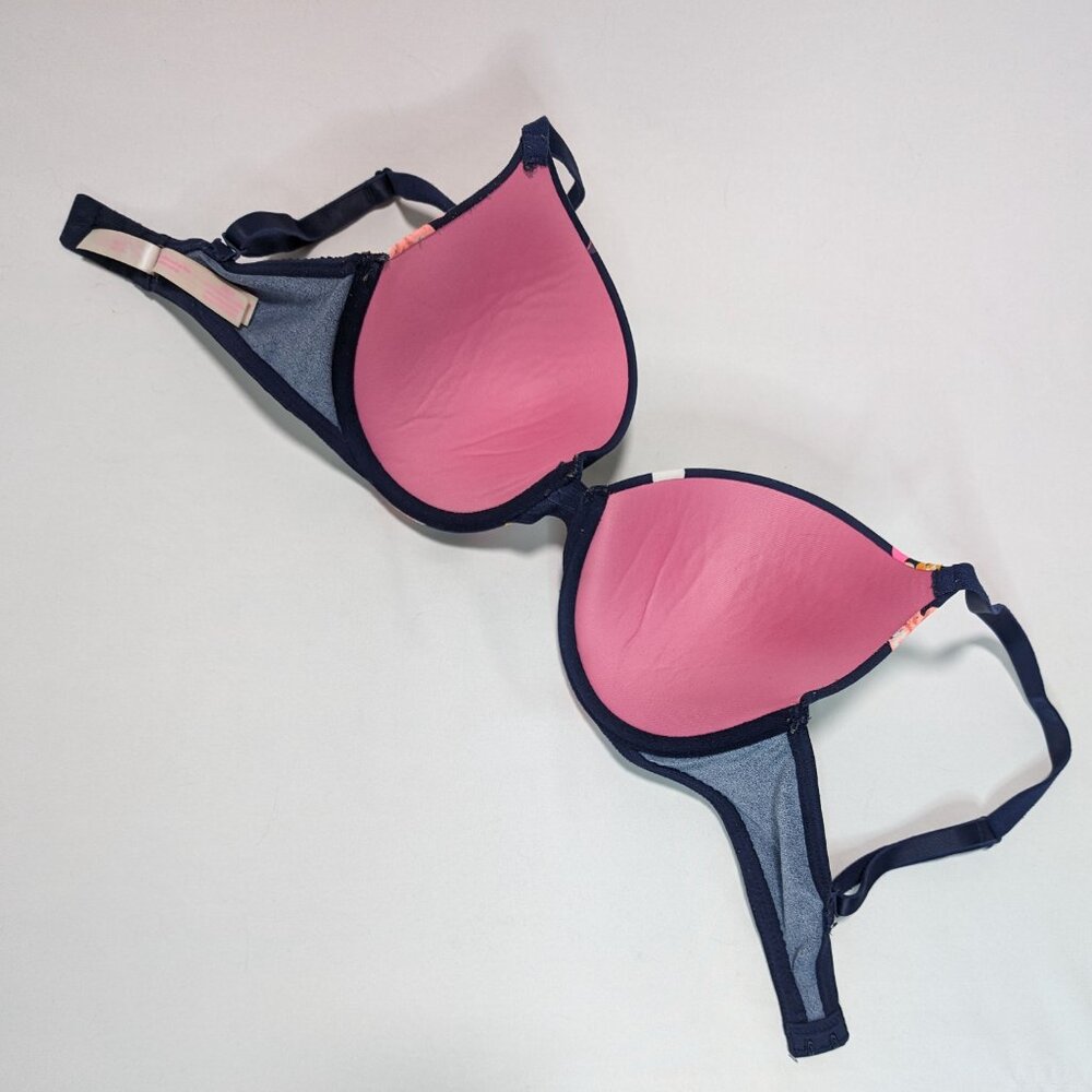 Pink Victoria Secret Navy Floral Print Underwire Bombshell Bra Women's Size 32DD - Picture 2 of 5